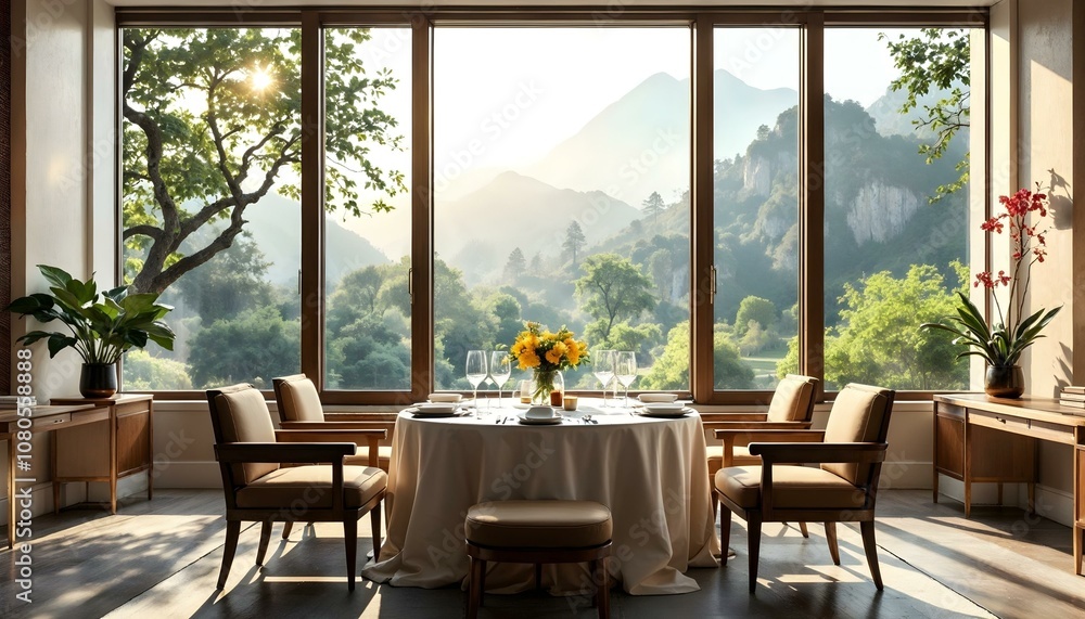 A serene dining room with a breathtaking view A serene dining room with a breathtaking view