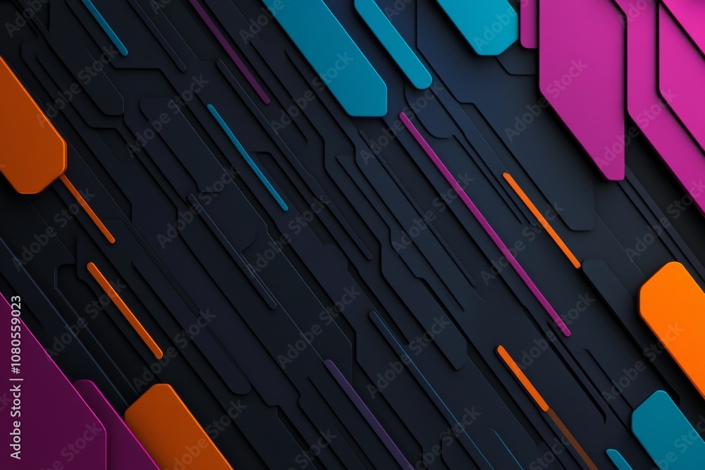 modern dark graphite plate with colorful geometric shapes for hi-tech background.