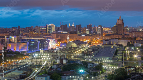 Panoramic view to Kiev Railway Station night to day timelapse and modern city in Moscow, Russia