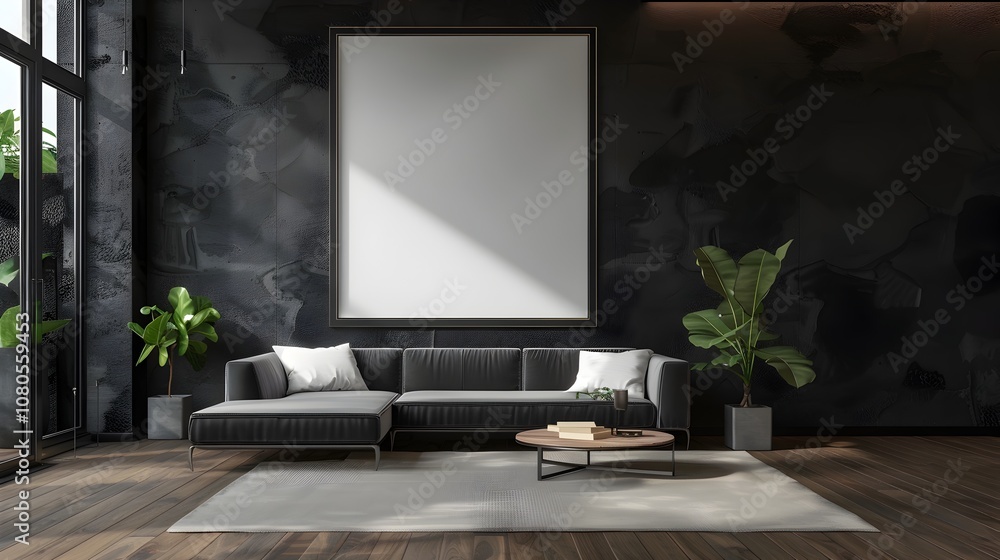 Fototapeta premium Modern Black Wooden Living Room with Minimalist Touches and Clean Interior Design