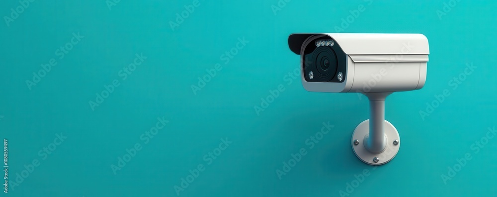 A sleek security camera mounted on a bright turquoise wall, designed for surveillance and safety. A sleek security camera mounted on a bright turquoise wall, designed for surveillance and safety.