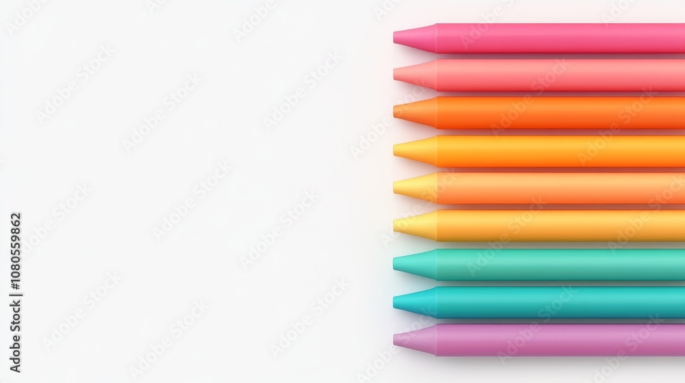 Fototapeta premium Colorful crayons arranged neatly on a white isolated background.