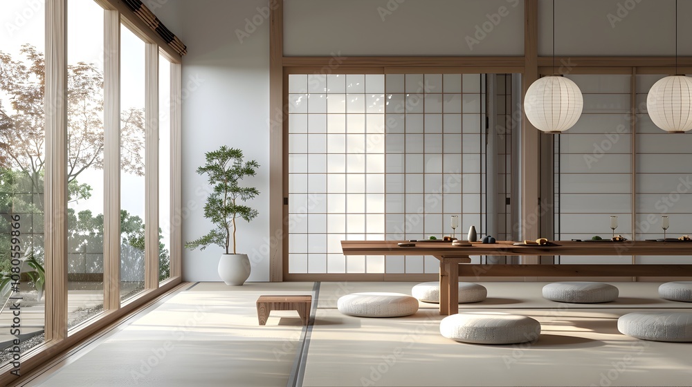 Fototapeta premium Serene Minimalist Japanese Inspired Dining Room with Floor Seating and Zen Like Ambiance