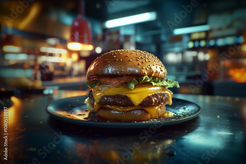 A gourmet burger, juicy beef patty, crisp lettuce, melted cheese, toasted brioche bun, dramatic side lighting, in a modern diner