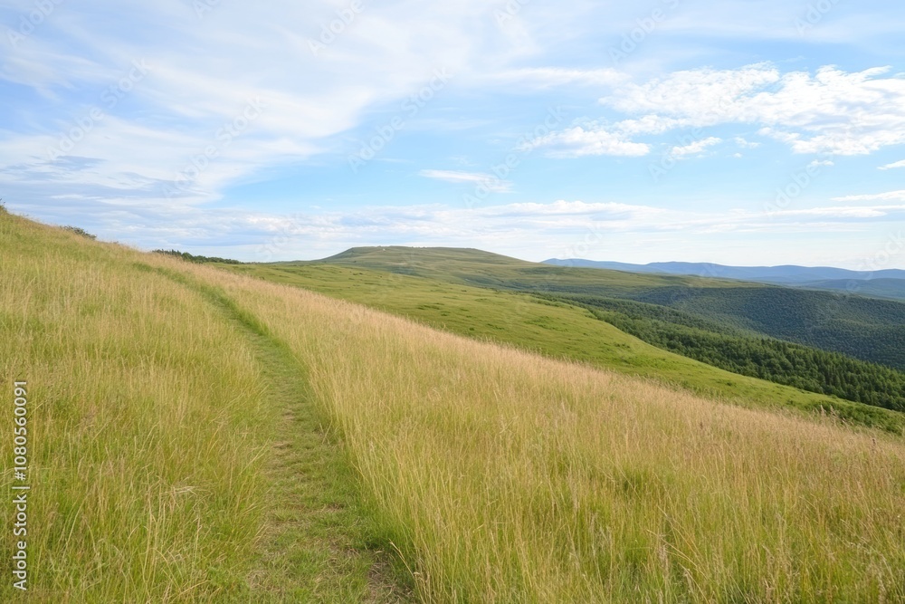 A serene landscape with a grassy path leading through rolling hills under a blue sky. A serene landscape with a grassy path leading through rolling hills under a blue sky.