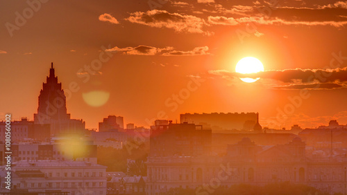 Εκτύπωση καμβά Panorama with Stalin skyscraper during sunset timelapse in Moscow, Russia