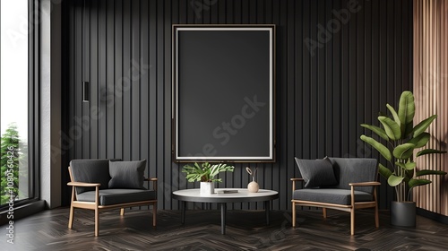 Sophisticated Black Wooden Living Room with Minimalist Touches and Frame Mockup in 3D Rendering