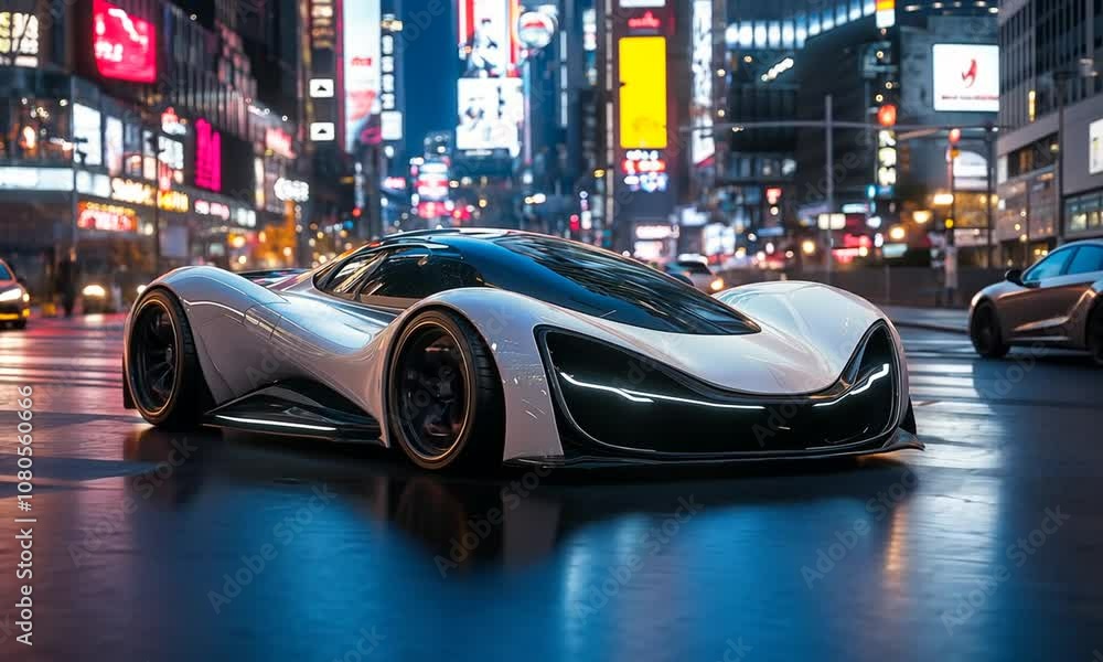 Futuristic White Sports Car in a City at Night Futuristic White Sports Car in a City at Night