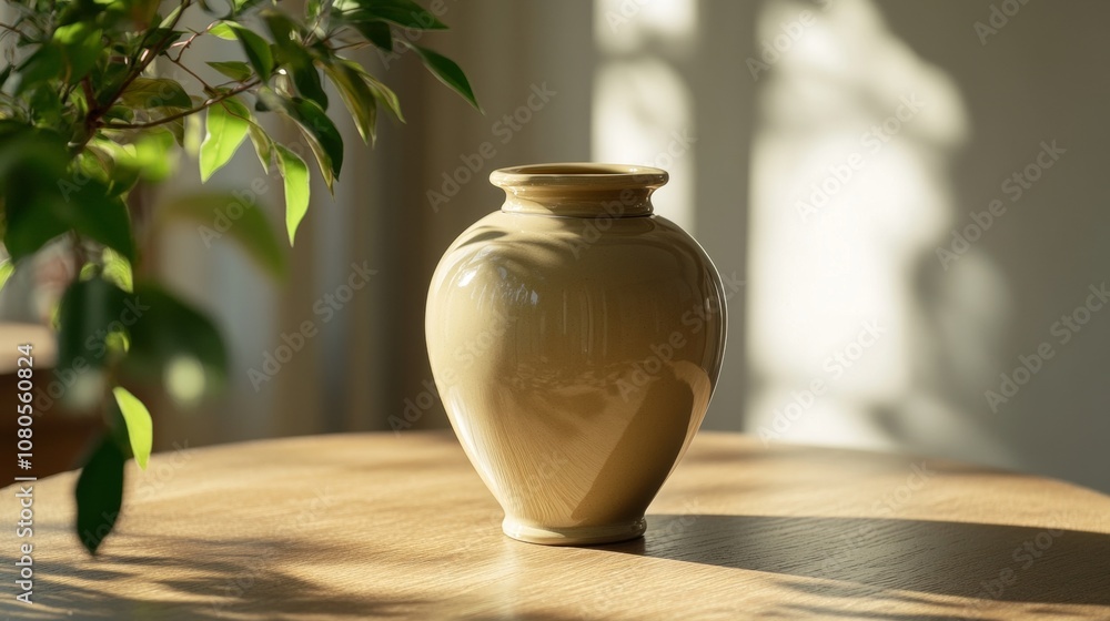 Beige Cremation Urn with Ashes on Wooden Surface with Sunlight Streaming Through Window Beige Cremation Urn with Ashes on Wooden Surface with Sunlight Streaming Through Window