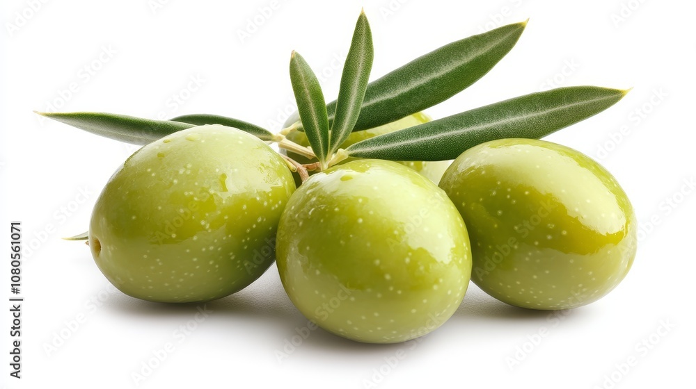 Obraz premium Fresh Green Olives with Glossy Skin and Olive Leaves on White Background for Culinary and Healthy Lifestyle Concepts