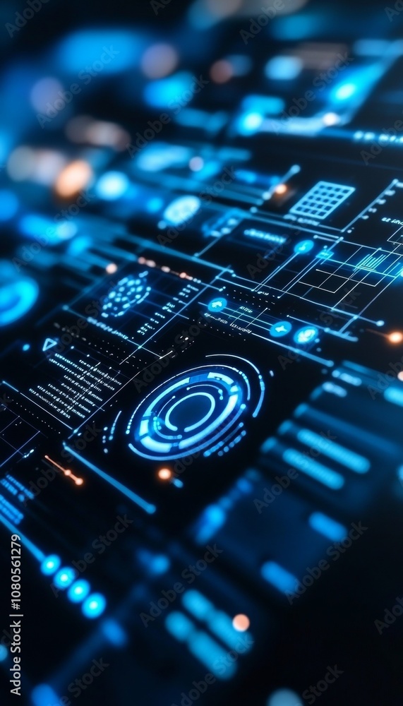 Futuristic digital interface featuring glowing blue lights and abstract technological background Futuristic digital interface featuring glowing blue lights and abstract technological background