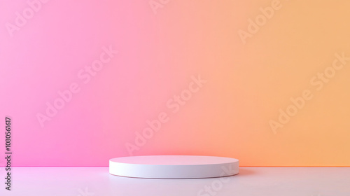 A minimalist display platform against vibrant pink and orange gradient background creates striking visual. This setup is perfect for showcasing products or art