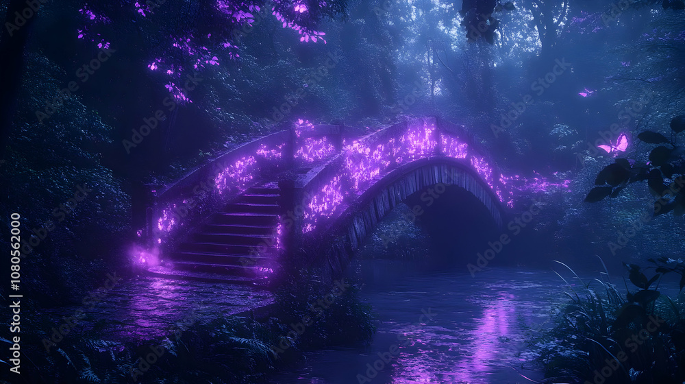 Fototapeta premium 3D Illustration - Enchanted Forest Bridge, Purple Lights, Night, Butterfly, Stream