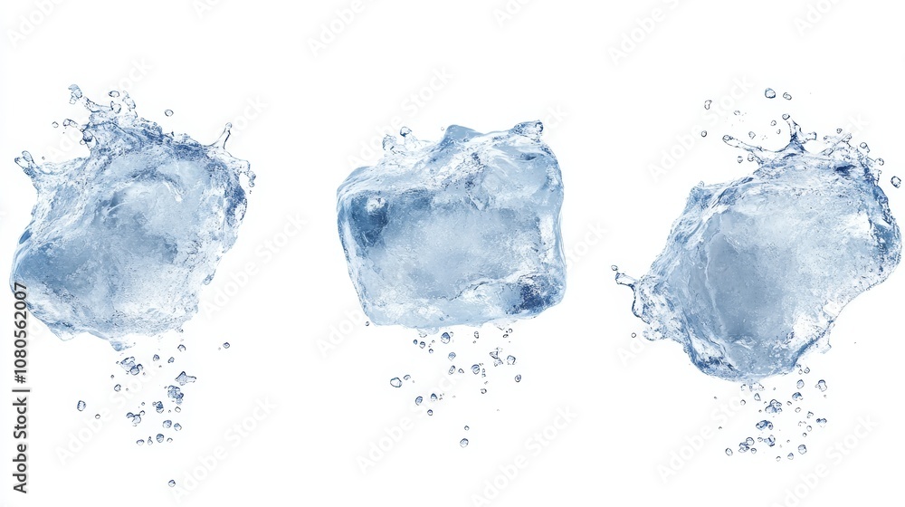 Stunning Water Splash Photography Featuring Ice Cubes in Motion Against a Clean White Background for Creative and Commercial Use Stunning Water Splash Photography Featuring Ice Cubes in Motion Against a Clean White Background for Creative and Commercial Use