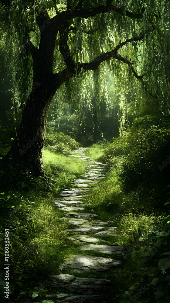 Obraz premium Illustration - Enchanting Forest Path with Willow Tree
