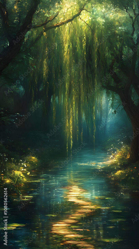 Obraz premium Illustration - Enchanted Forest River, Sunlight, and Willow Trees