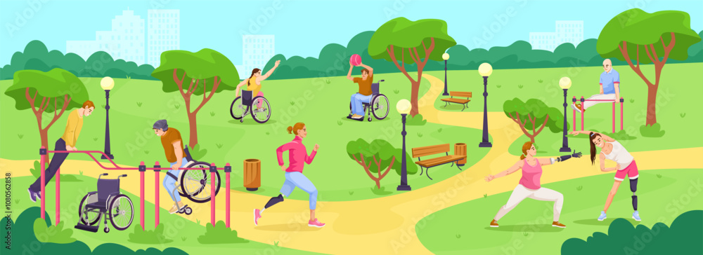 Obraz premium A lively park scene depicting diverse individuals exercising outdoors. Vector illustration