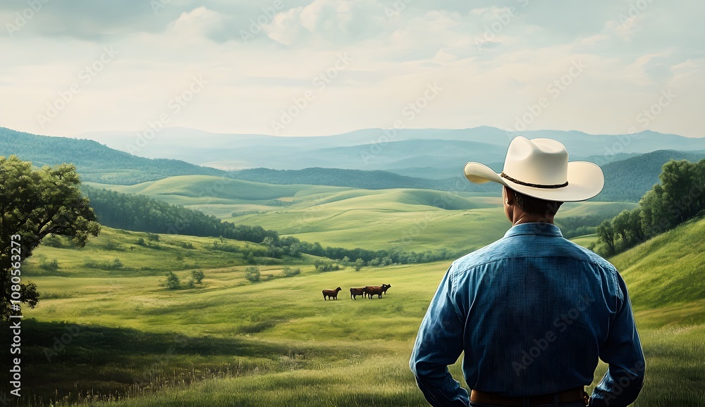 Back view of a cowboy in a blue shirt and white hat, looking at a green, grassy field with hazy hills and cows in the distance. Back view of a cowboy in a blue shirt and white hat, looking at a green, grassy field with hazy hills and cows in the distance.