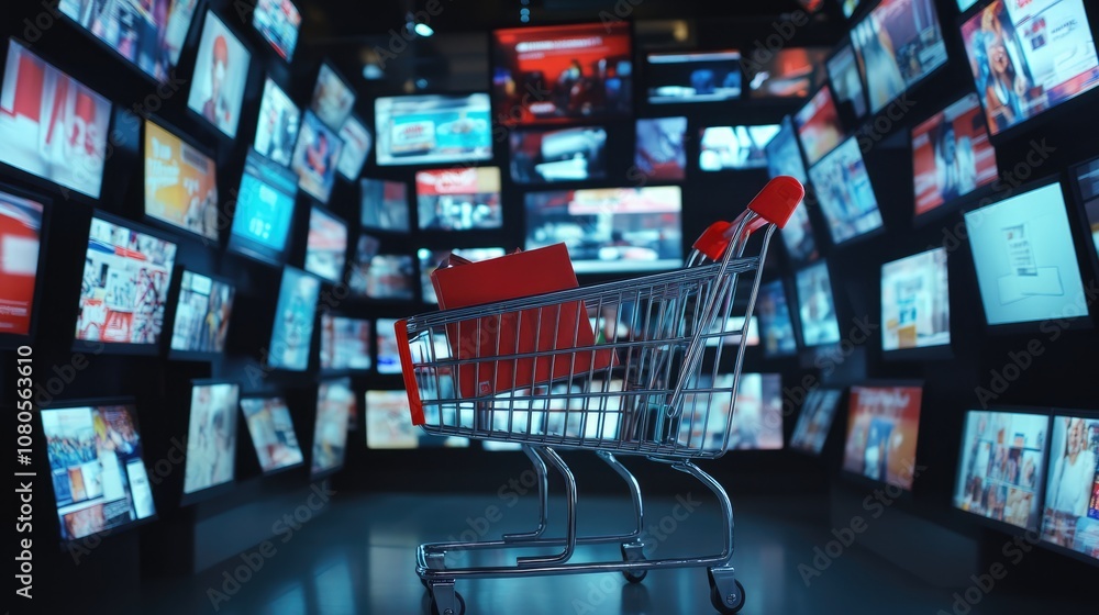 Realistic Shopping Cart Surrounded by TV Commercial Displays Highlighting Online Shopping Realistic Shopping Cart Surrounded by TV Commercial Displays Highlighting Online Shopping