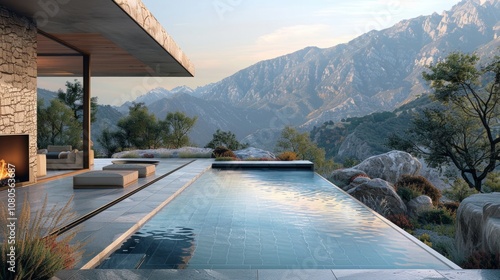 Stone Fireplace and Infinity Pool at Mountain View Terrace with Native Alpine Plants Generative AI photo