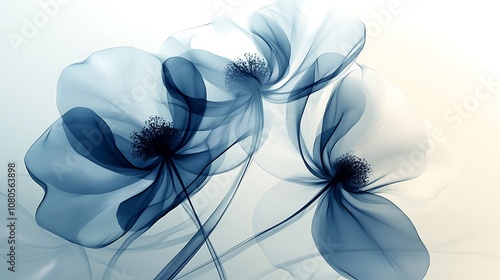 A modern design showcasing overlapping translucent flower shapes creating an ethereal, abstract floral background 
 photo