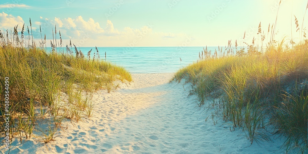 A serene beach pathway leading to calm waters and gentle waves under a bright sky. A serene beach pathway leading to calm waters and gentle waves under a bright sky.