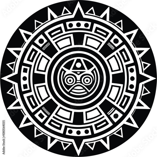 Aztec calendar silhouette vector illustration on White Background.