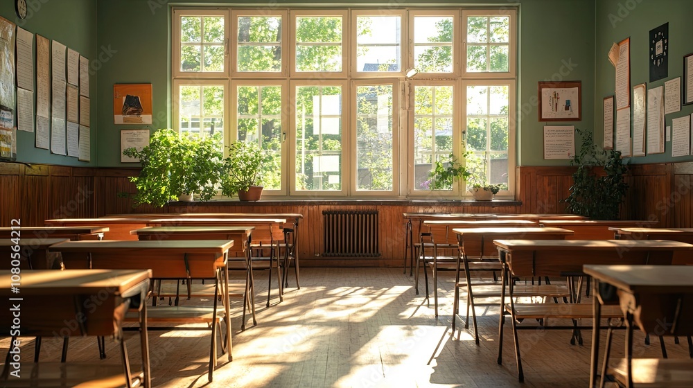 Obraz premium Classroom interior with wooden chairs and desks. Student studying lessons in secondary education. Generated stock