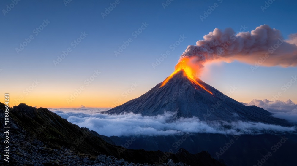 Fototapeta premium Erupting volcano at sunset, showcasing nature's power and beauty.