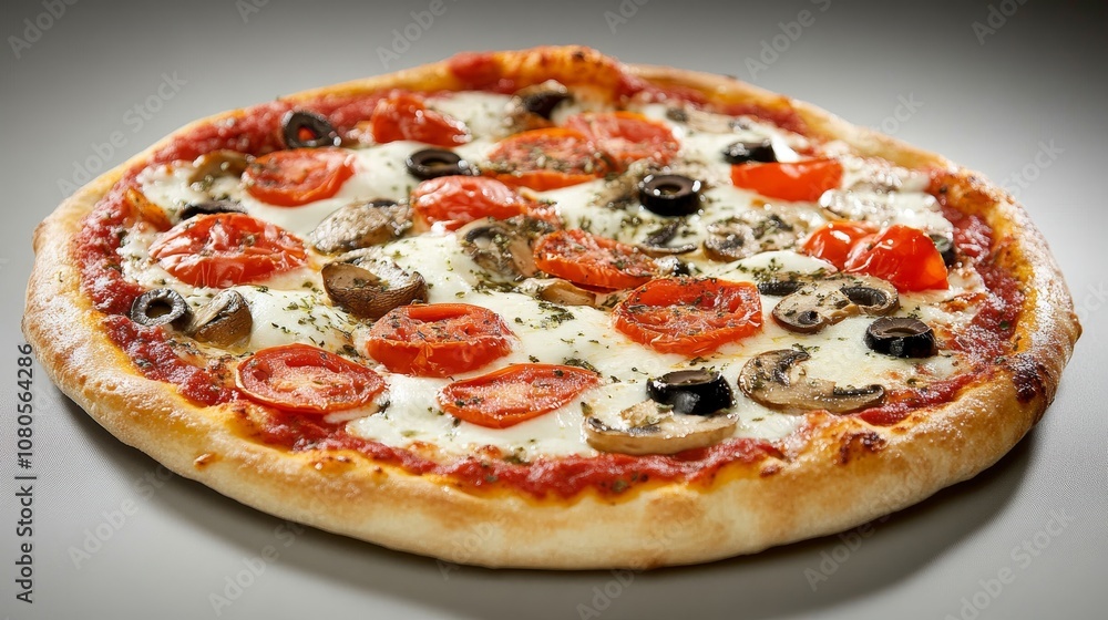 Delicious pizza topped with fresh tomatoes, black olives, mushrooms, mozzarella cheese, and herbs on a golden crust served on a light background for appealing food photography Delicious pizza topped with fresh tomatoes, black olives, mushrooms, mozzarella cheese, and herbs on a golden crust served on a light background for appealing food photography