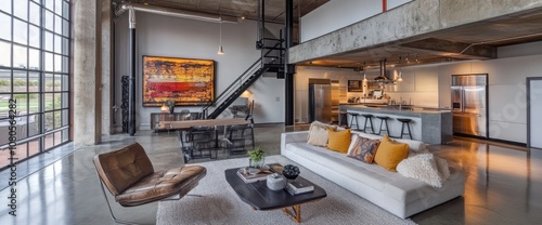 Modern Loft Living Room with Exposed Concrete and Large Window