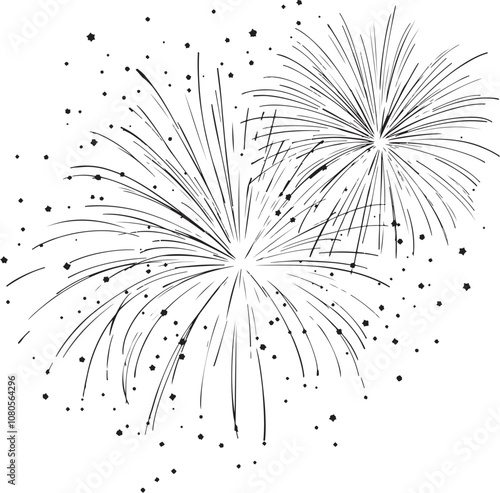 Fireworks Holiday, Linear Drawing Sketched Art Black and White Vector Illustration