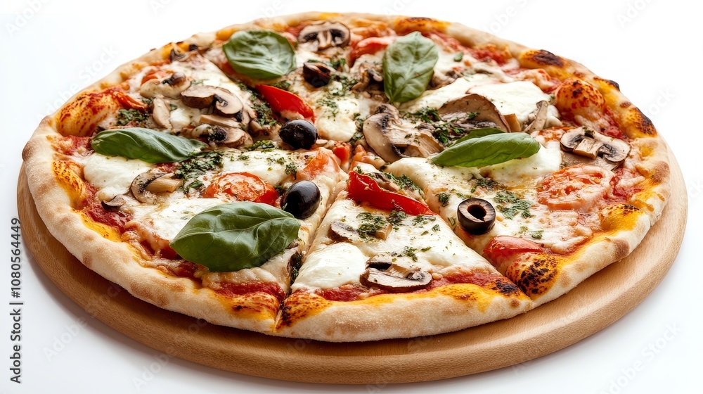 Freshly Baked Pizza with Mushrooms, Tomatoes, Black Olives, Basil Leaves, and Cheese on a Wooden Board for Delicious Culinary Delight Freshly Baked Pizza with Mushrooms, Tomatoes, Black Olives, Basil Leaves, and Cheese on a Wooden Board for Delicious Culinary Delight