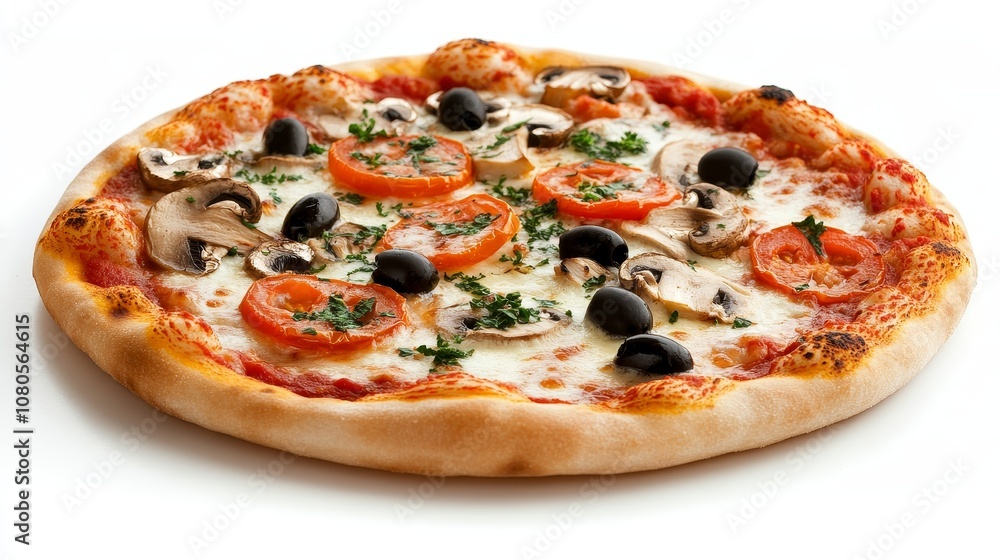 Delicious freshly baked pizza topped with mushrooms, tomatoes, olives, and herbs, showcasing an appetizing and inviting culinary experience perfect for food lovers. Delicious freshly baked pizza topped with mushrooms, tomatoes, olives, and herbs, showcasing an appetizing and inviting culinary experience perfect for food lovers.