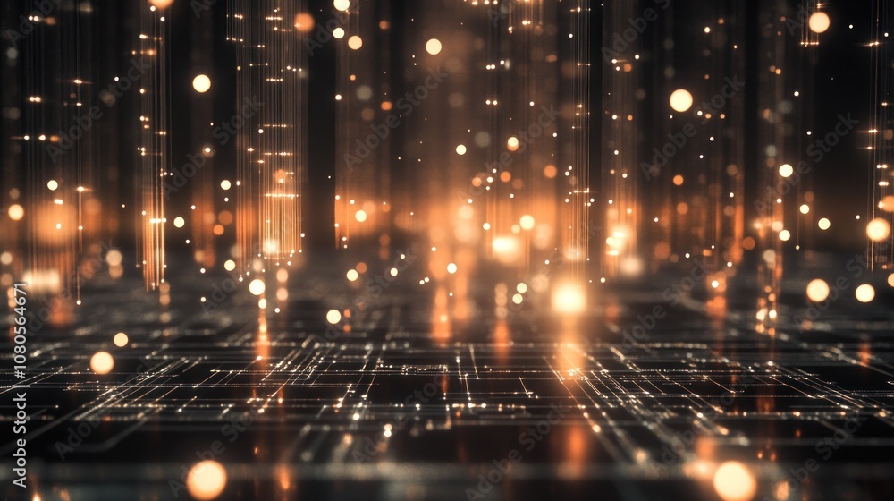 Abstract digital landscape with glowing particles and circuit-like patterns. Abstract digital landscape with glowing particles and circuit-like patterns.