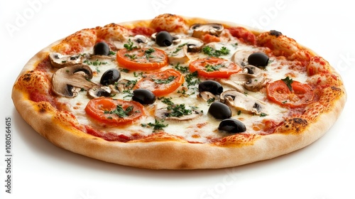 Delicious freshly baked pizza topped with mushrooms, tomatoes, olives, and herbs, showcasing an appetizing and inviting culinary experience perfect for food lovers.