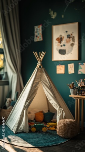 A white teepee tent in a child's room with colorful pillows and toys inside, set on a blue rug with a teal wall in the background.