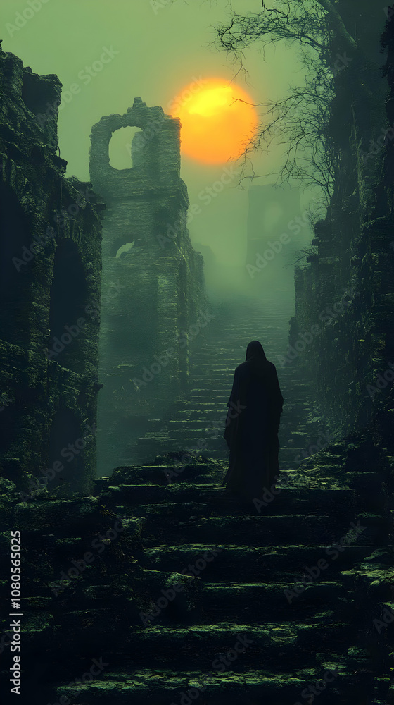 Illustration of Figure in Cloak on Mossy Stairs, Ruins, Eerie Sunset Illustration of Figure in Cloak on Mossy Stairs, Ruins, Eerie Sunset