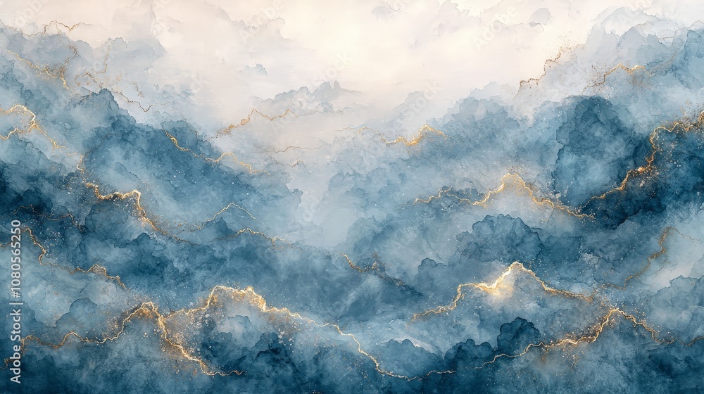 A serene abstract representation of clouds in blue and gold hues. A serene abstract representation of clouds in blue and gold hues.