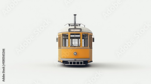 A vintage yellow and white streetcar facing forward with a white background.