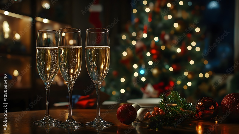 A Christmas tree stands tall, with two glasses of champagne resting on the table nearby A Christmas tree stands tall, with two glasses of champagne resting on the table nearby