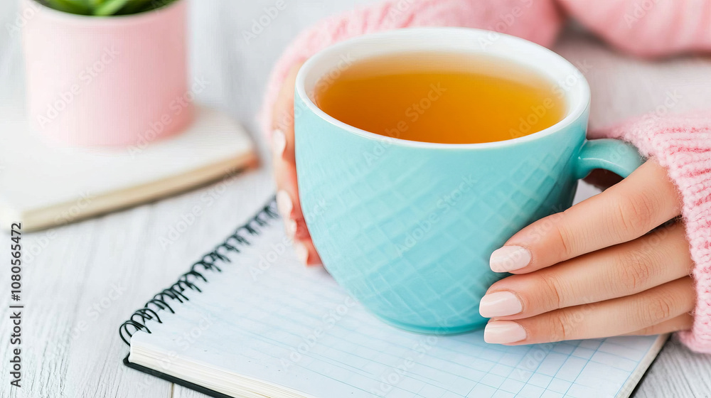 A cozy scene featuring person holding turquoise cup of tea, with notebook and small plant in background. warm atmosphere evokes relaxation and comfort A cozy scene featuring person holding turquoise cup of tea, with notebook and small plant in background. warm atmosphere evokes relaxation and comfort