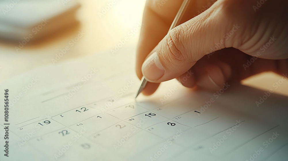 A hand writing on calendar page, marking important dates with pen. This image captures essence of planning and organization, reflecting proactive approach to time management A hand writing on calendar page, marking important dates with pen. This image captures essence of planning and organization, reflecting proactive approach to time management