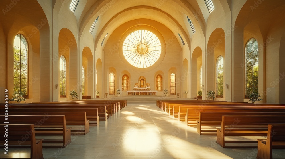 Serene interior of a church with wooden pews and a radiant window. Serene interior of a church with wooden pews and a radiant window.