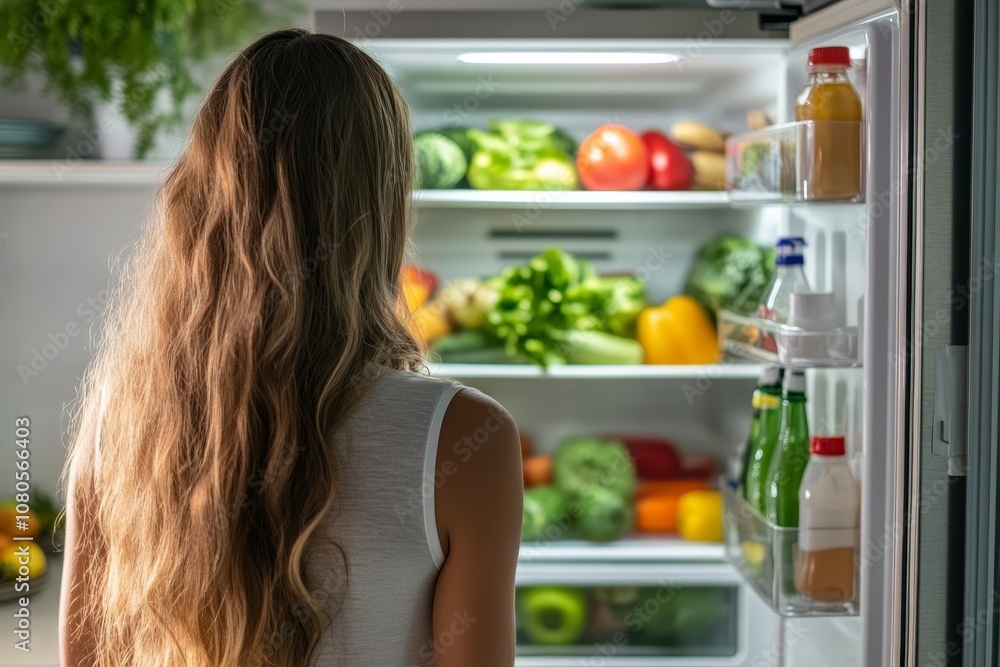 Beautiful young woman opens fridge to select fresh vegetables for healthy meal preparation Beautiful young woman opens fridge to select fresh vegetables for healthy meal preparation