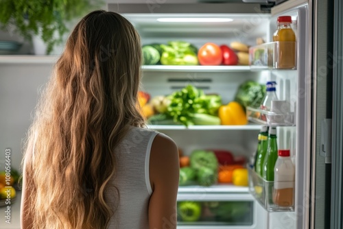 Beautiful young woman opens fridge to select fresh vegetables for healthy meal preparation