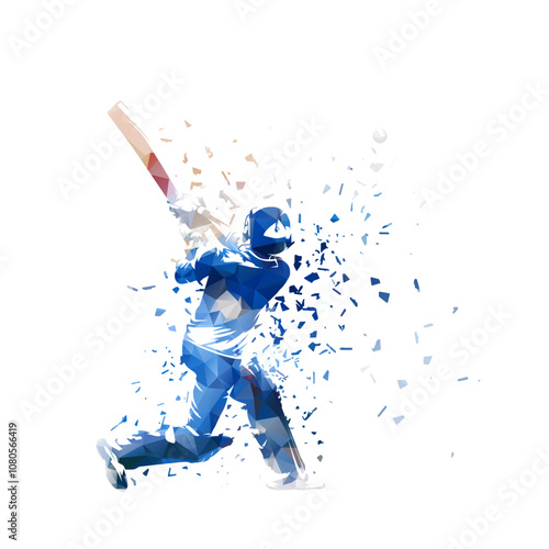 Cricket player, batsman, low polygonal vector illustration, rear view