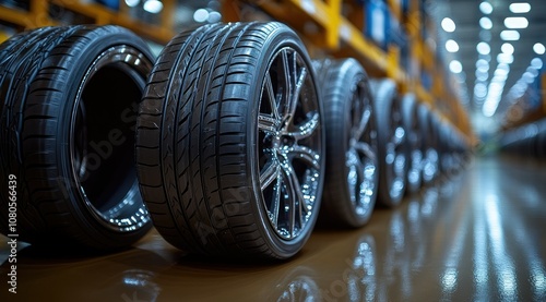 Rows of new car tires and wheels in a warehouse.