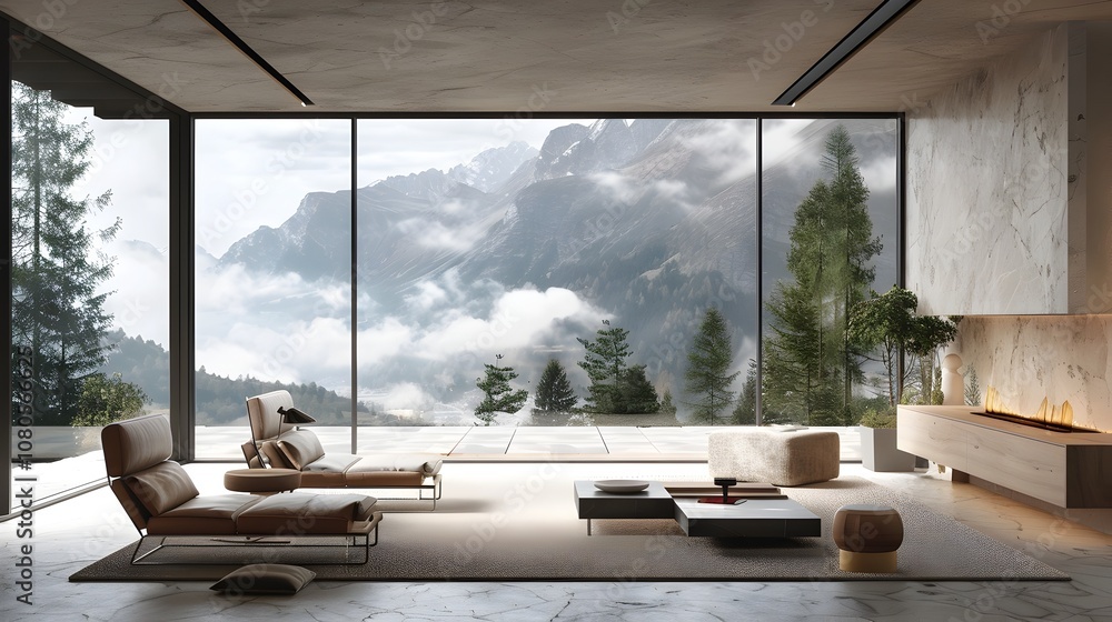 Fototapeta premium Sleek Minimalist Mountain Retreat with Clean Modern Design and 3D Rendered Interior