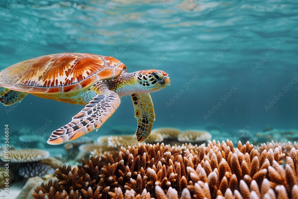 Fototapeta premium Marine Protected Areas are crucial for effective ocean conservation. A green sea turtle swims gracefully above coral reefs, surrounded by clear blue water, showcasing the beauty of marine life.